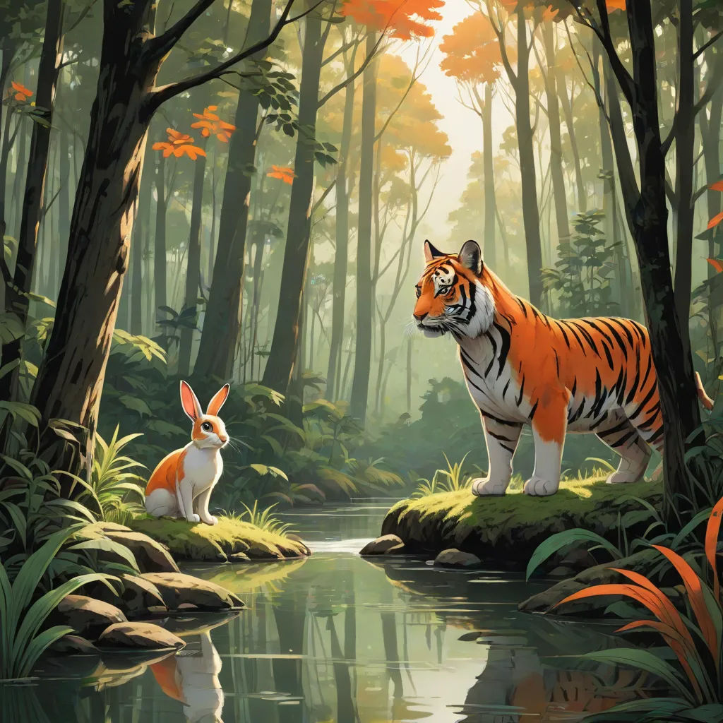 a painting of a tiger and a rabbit in a forest with a stream running through it's center, furry art, an oil painting, Chris LaBrooy, rossdraws global illumination