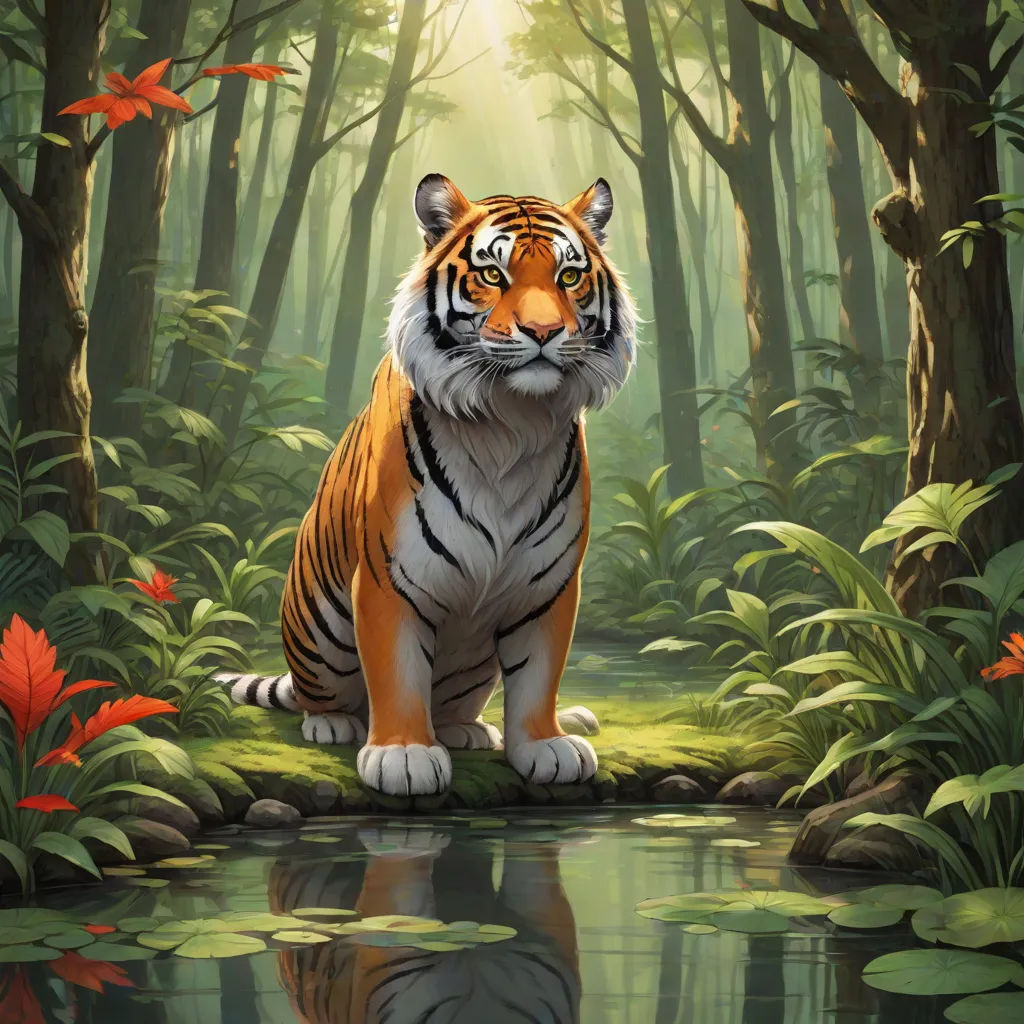 a tiger sitting on a rock in a forest with water and plants around it, with a bright light shining on the tiger, furry art, a painting, Anne Stokes, official art
