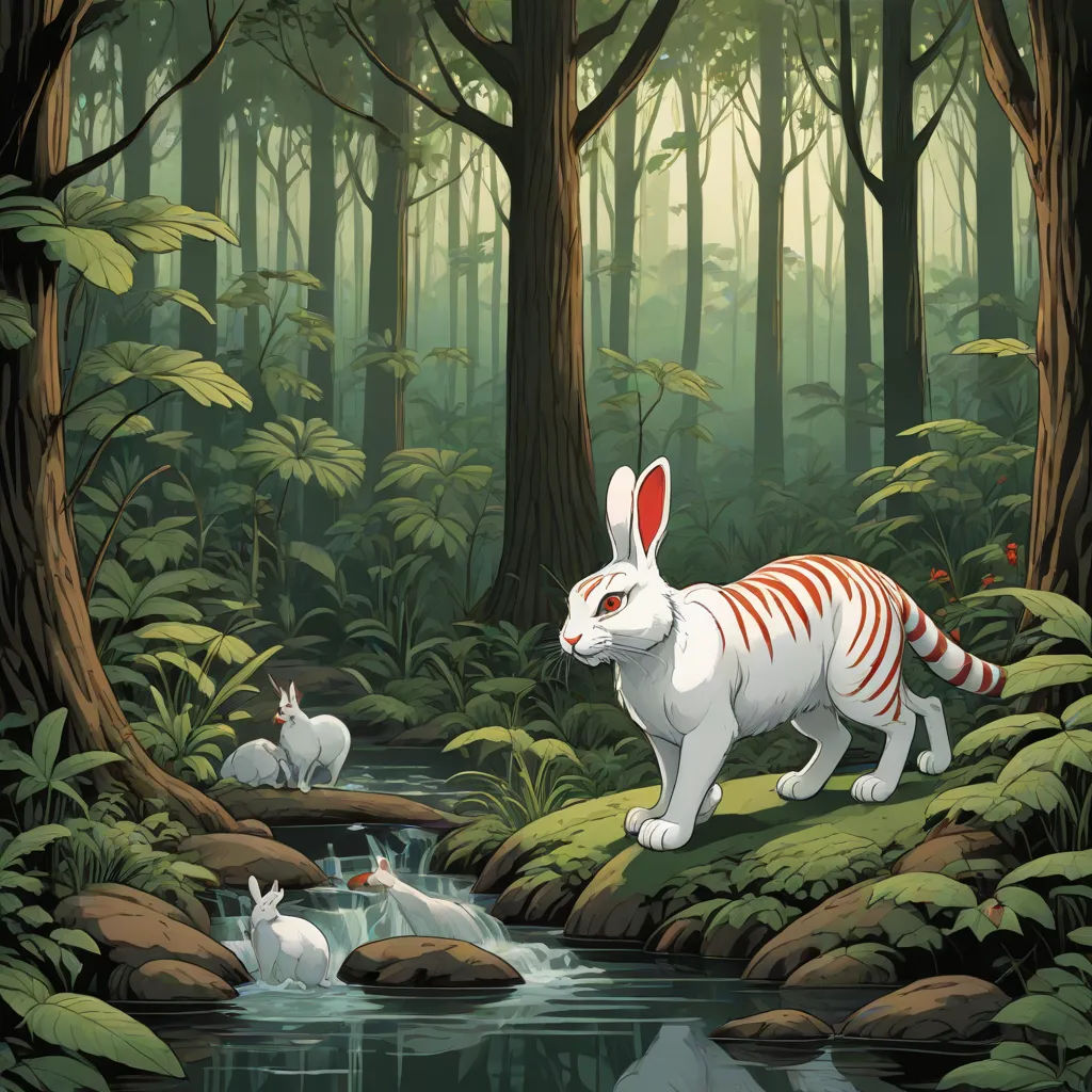a painting of a white rabbit in a forest with other animals in the background and a stream running through the woods, fantasy art, a storybook illustration, Chris LaBrooy, rossdraws global illumination