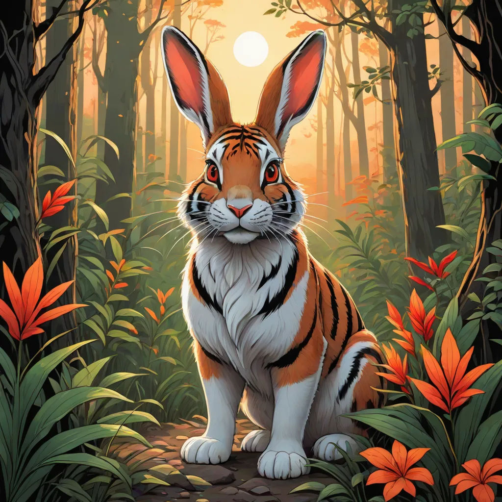 a painting of a tiger sitting in the middle of a forest with flowers and trees around it, with the sun shining through the trees, furry art, a painting, Dan Mumford, rossdraws global illumination
