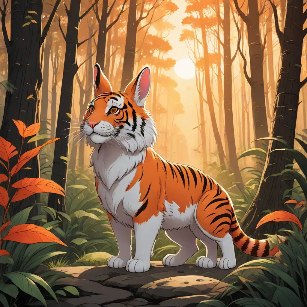 a tiger standing in the middle of a forest with trees and leaves around it's edges and a sun shining through the trees, furry art, a character portrait, Chris Rallis, official art