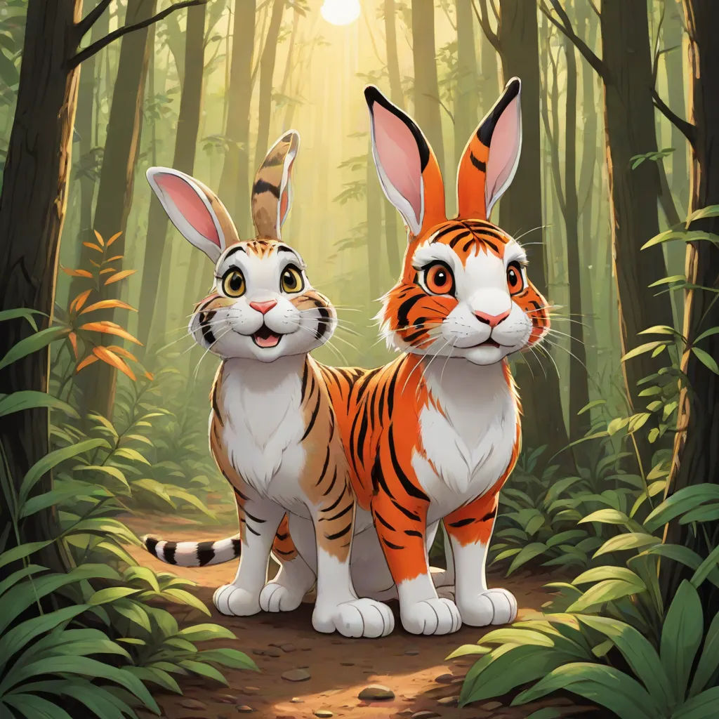 a couple of animals standing in the middle of a forest with sun shining through the trees behind them and a cat on the right, furry art, a digital painting, Fan Qi, official art