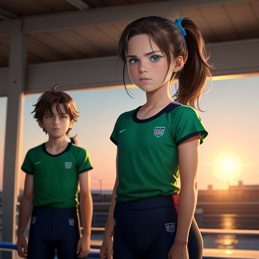 a couple of people standing next to each other in front of a building with a sunset in the background