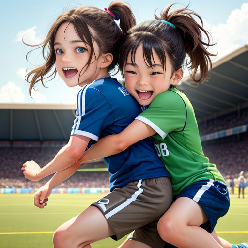 two young girls are playing soccer on a field with a stadium in the background and a stadium full of people