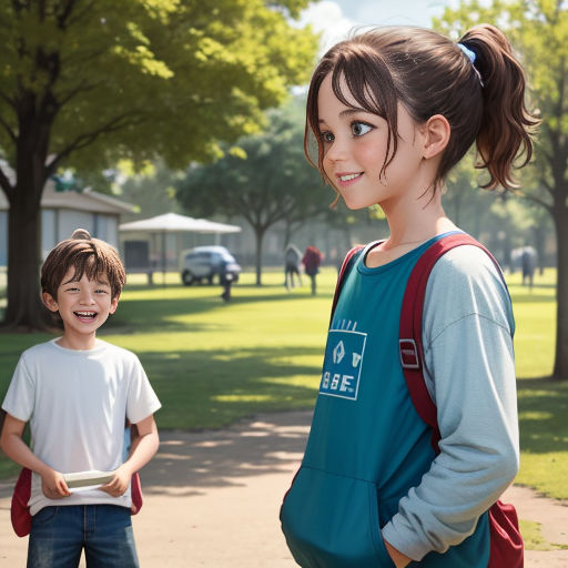 a girl and boy standing in a park with a frisbee in their hands and a building in the background
