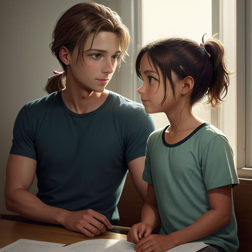 a boy and a girl sitting at a table looking at each other with a book in front of them