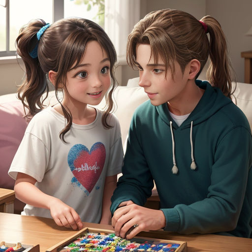 a boy and a girl are looking at a cookie on a table with a heart on it and a box of cookies on the table