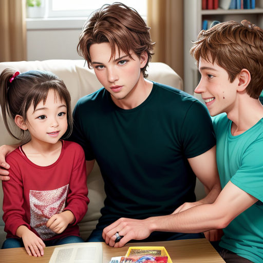 a man and two children sitting on a couch looking at a book on a table with a book open