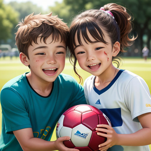 two children pose for a picture with a soccer ball in their hands, in a park, with trees in the background