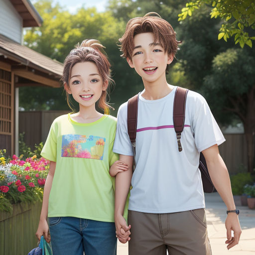 a boy and a girl are standing together outside a house with flowers in the background and a backpack on their back