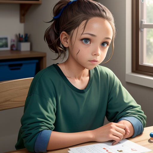 a young girl sitting at a table with a pen and paper in front of her and a window behind her
