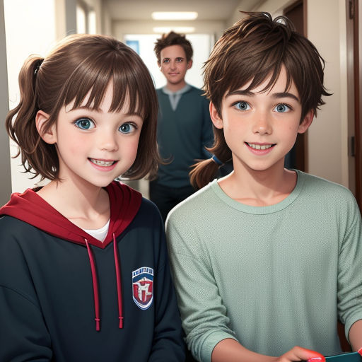 a couple of kids standing next to each other in a hallway with a man in the background and a woman in the background
