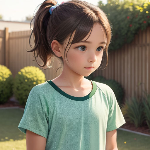 a little girl with a ponytail standing in a yard with a fence in the background and a green shirt on