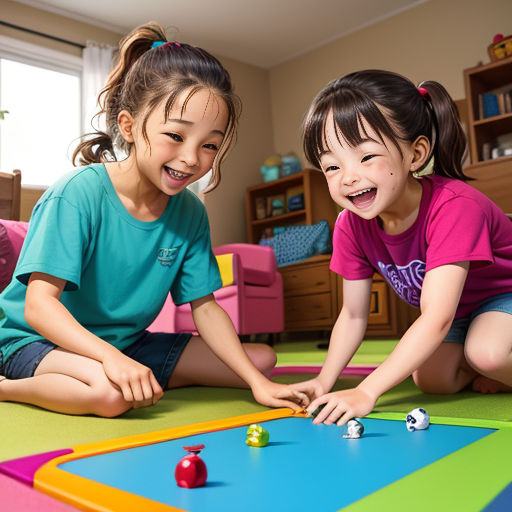 two young girls playing with a colorful board game on the floor of a room with a window and a pink chair