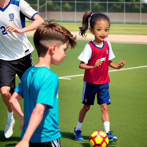 a group of young children playing a game of soccer on a field with a woman watching them from behind