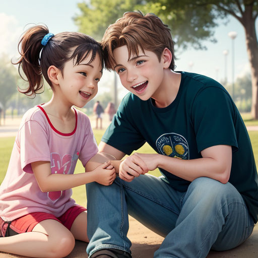 a boy and a girl sitting on the ground together smiling at the camera with a tree in the background