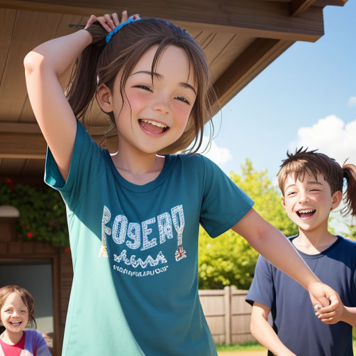 a group of young children standing next to each other on a field of grass and dirt near a house
