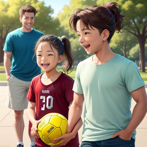 a couple of kids holding a yellow soccer ball in a park with a man and woman behind them smiling