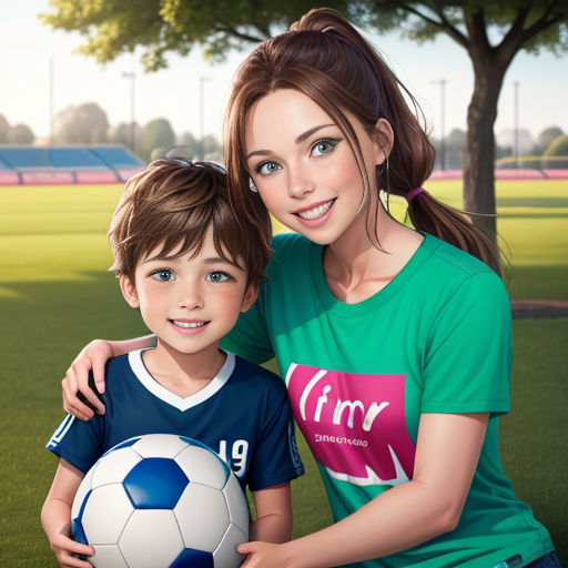 a woman and a boy are posing for a picture with a soccer ball in their hands and a tree in the background