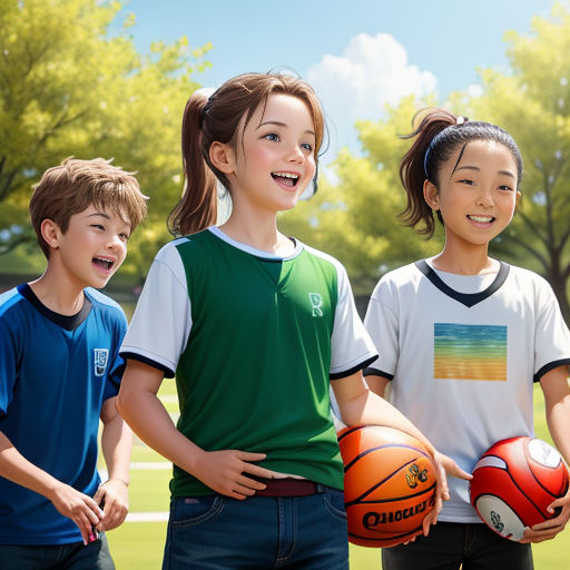 three children holding basketballs and smiling for the camera in a park setting with trees in the background and a blue sky