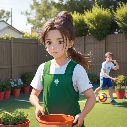 a young girl holding a potted plant in a backyard with a boy in the background playing soccer on the grass