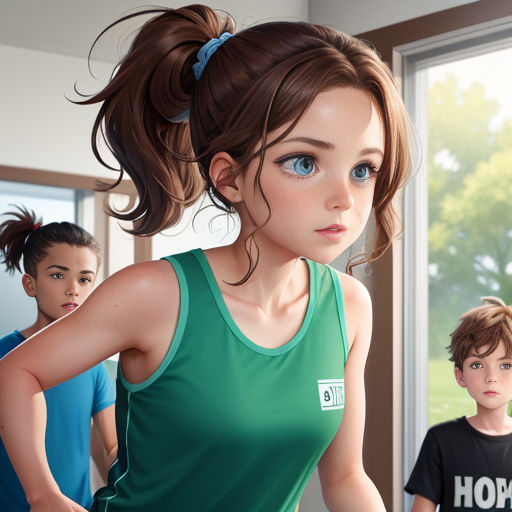 a girl in a green shirt and two boys in a blue shirt and one boy in a black shirt