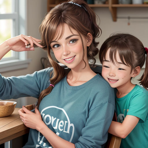 a woman and a girl sitting at a table together, both smiling and posing for the camera, with a bowl of food in the background