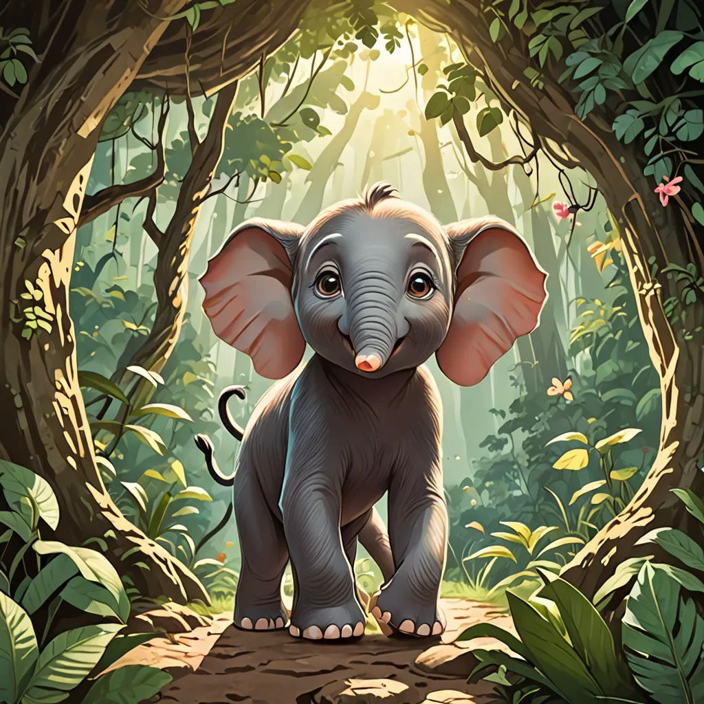 a baby elephant standing in the middle of a forest with a light shining through the trees behind it and a butterfly flying above, fantasy art, a storybook illustration, Chris LaBrooy, official art