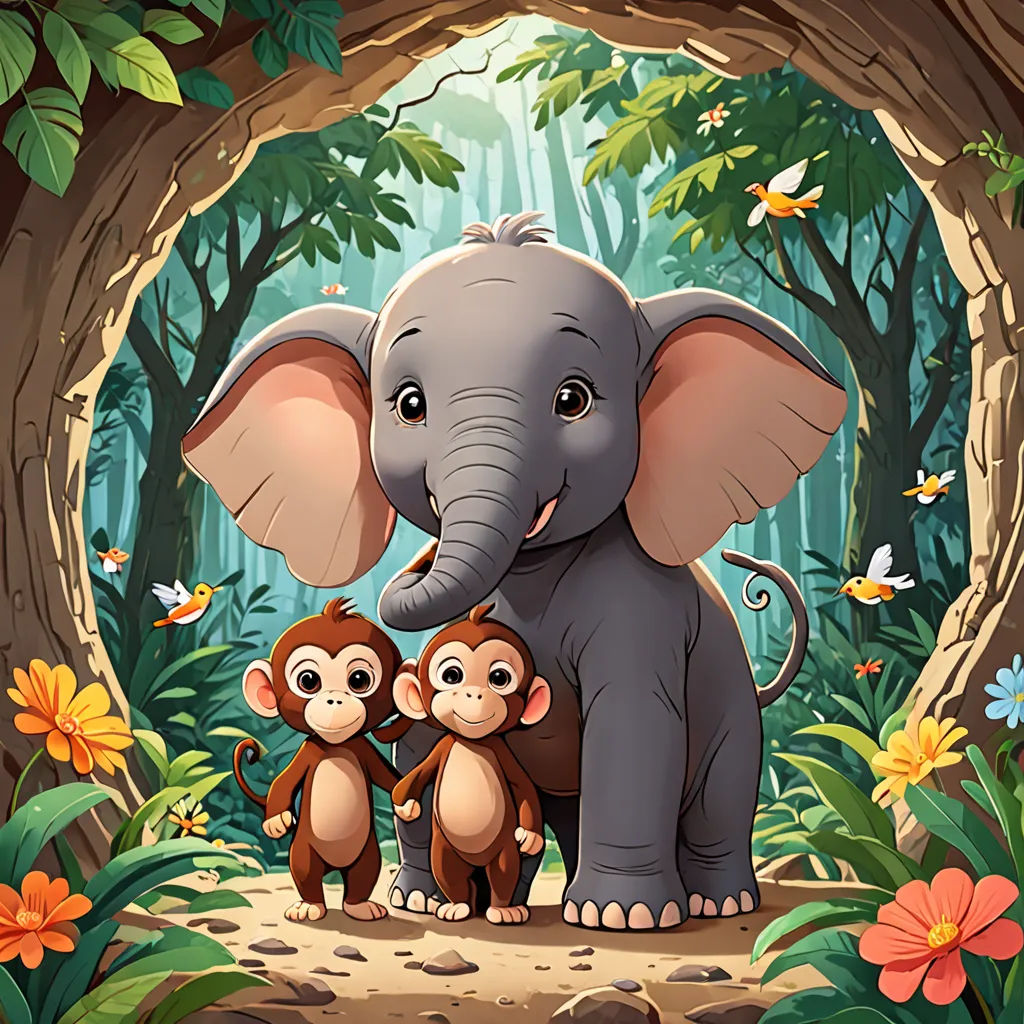a group of monkeys and an elephant in a jungle scene with a tree trunk and a tunnel with a tunnel entrance, sumatraism, a storybook illustration, Chris LaBrooy, storybook illustration