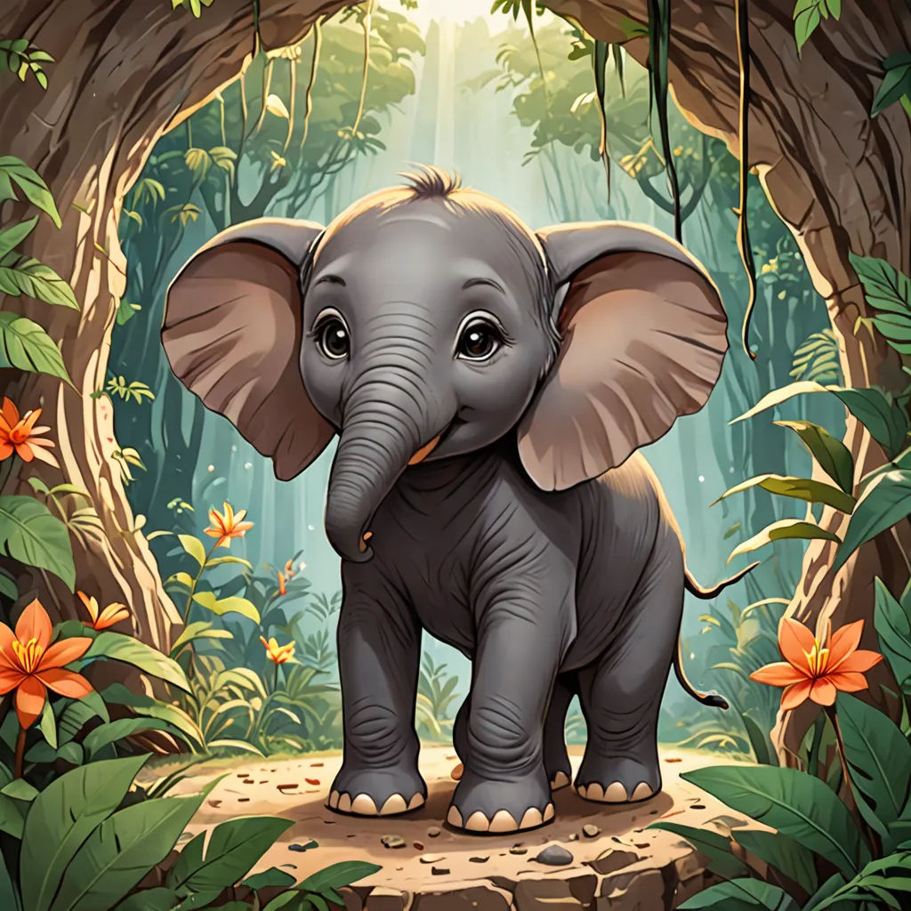 a small elephant standing in a forest with flowers and trees around it's edges and a light shining on the elephant, fantasy art, a storybook illustration, Chris LaBrooy, magic the gathering artwork