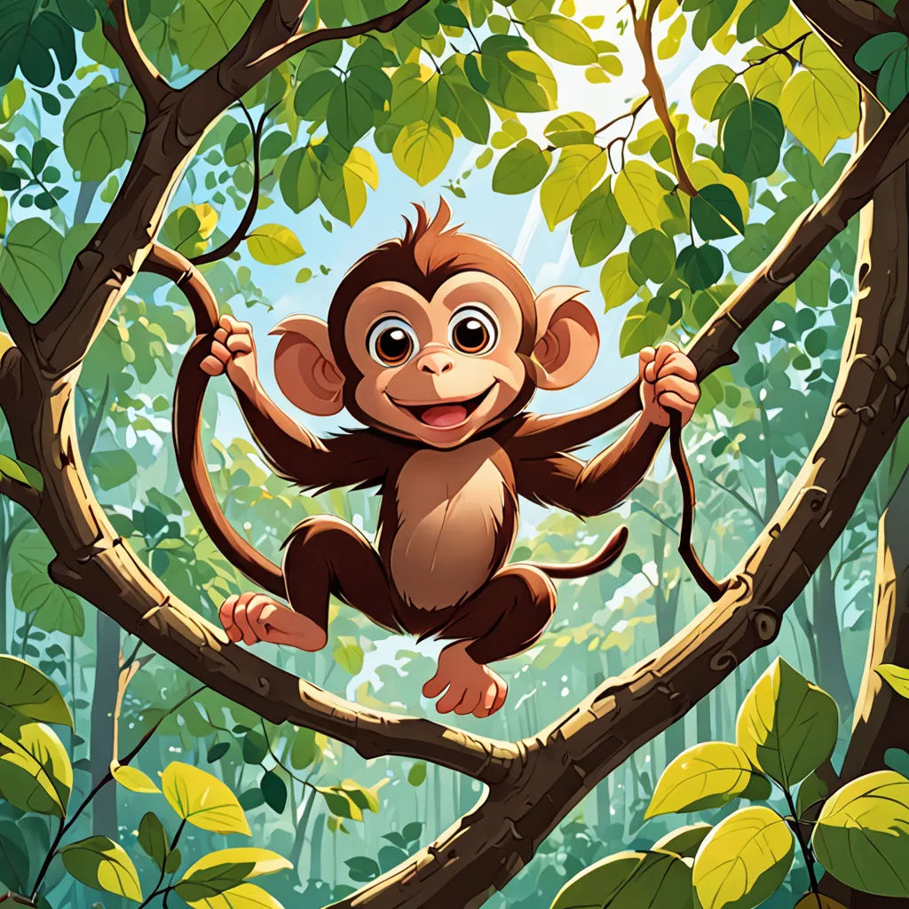 a monkey hanging on a tree branch in a forest with leaves and a sky background with a sun shining through the leaves, primitivism, a storybook illustration, Alex Petruk APe, jungle