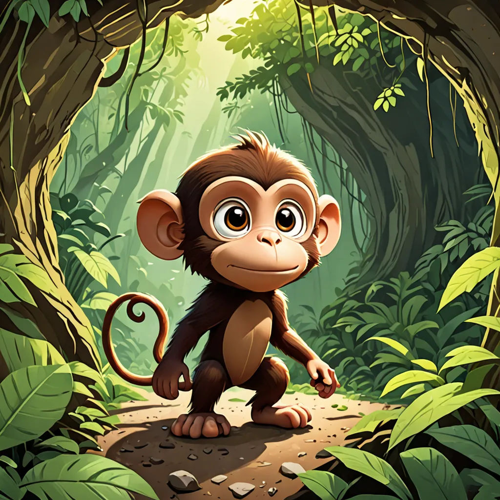 a monkey in the jungle with a trail in the background and a cave in the foreground with a tree, sots art, a character portrait, Chris LaBrooy, rossdraws global illumination