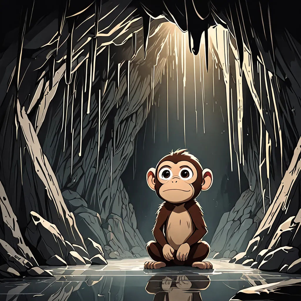 a monkey sitting in a cave with a light shining on it's face and a reflection in the water, sots art, a cave painting, Cliff Childs, rossdraws global illumination