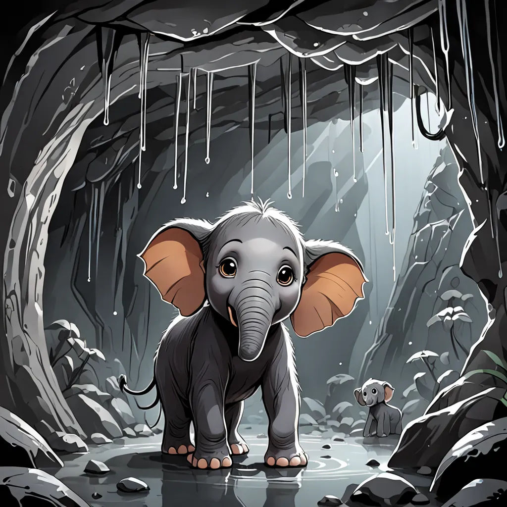 a baby elephant standing in a cave with a small elephant nearby on a dark background with icicles hanging from the ceiling, fantasy art, a storybook illustration, Cliff Childs, storybook illustration