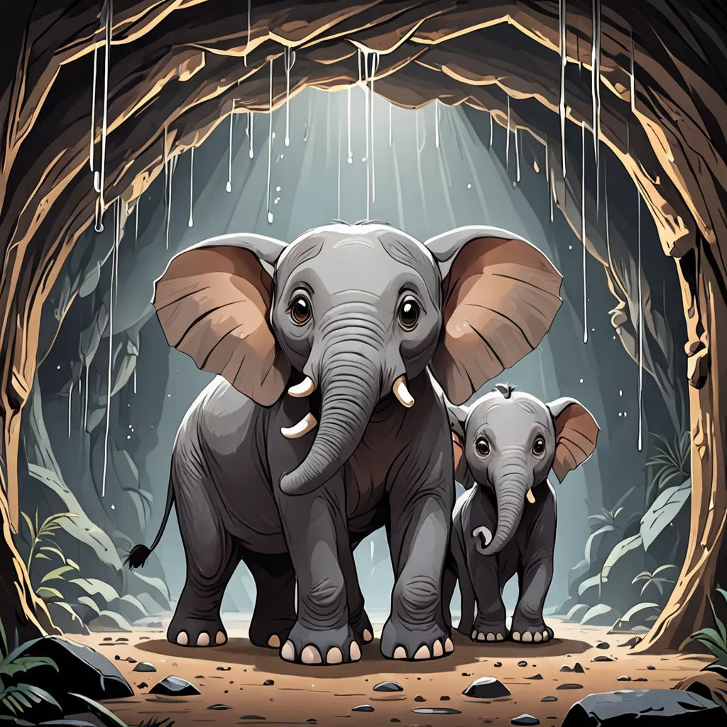 a couple of elephants standing in a cave with a baby elephant under it's trunk and a light coming from behind them, sumatraism, a storybook illustration, Chris LaBrooy, highly detailed digital painting