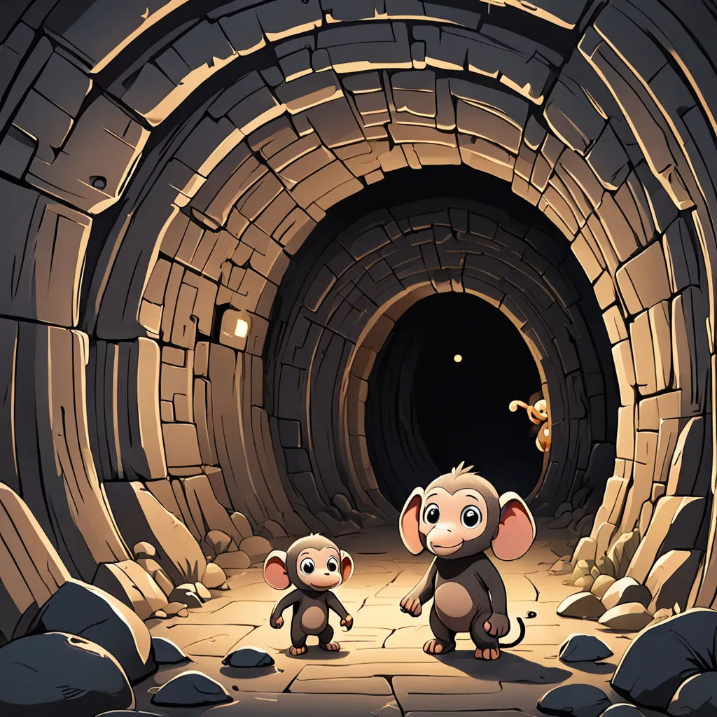 two small animals standing in front of a tunnel with rocks and rocks on the ground and a light at the end, fantasy art, a storybook illustration, Diego Gisbert Llorens, 2 d game art