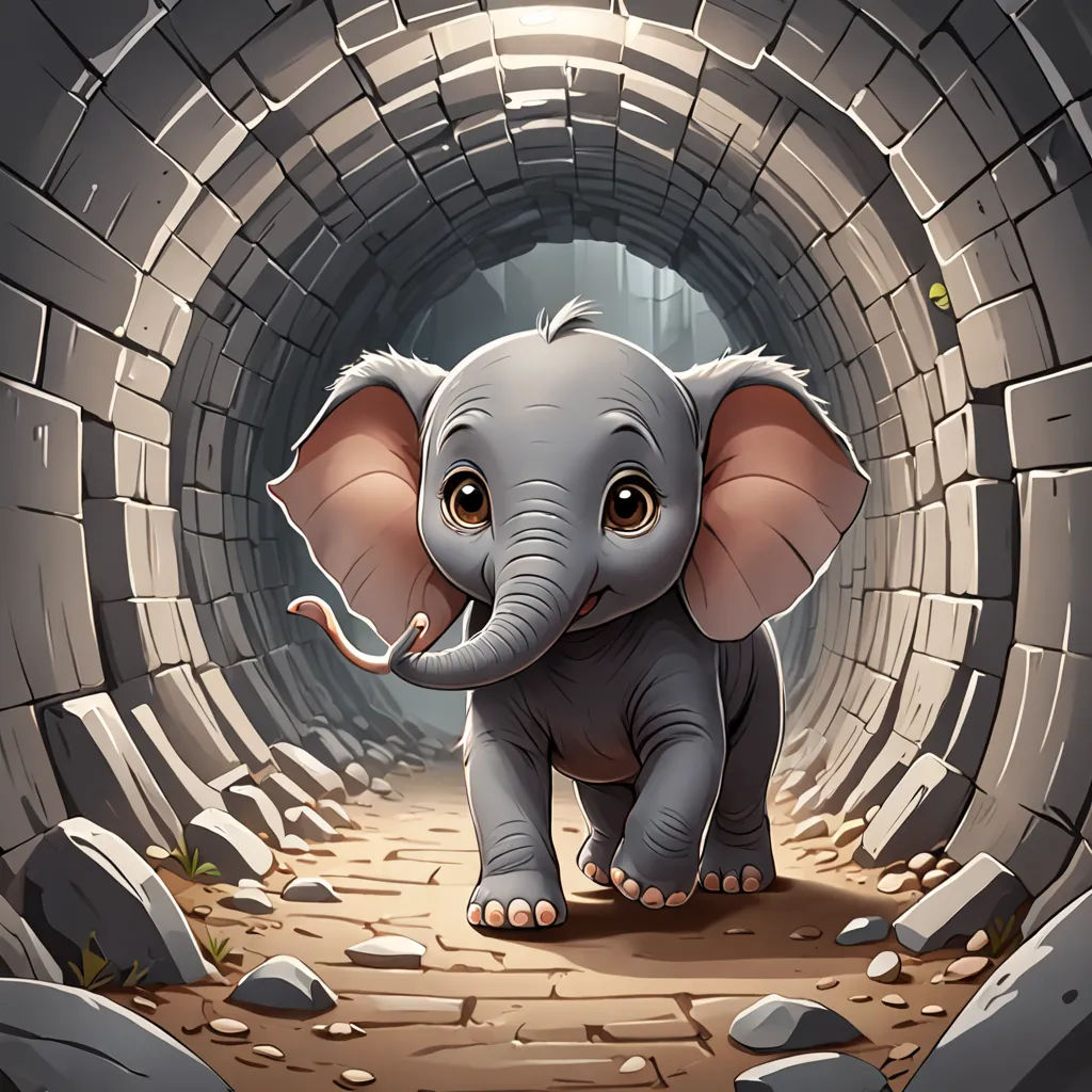 a small elephant is standing in a tunnel with rocks and gravel on the ground and a light at the end of the tunnel, fantasy art, a storybook illustration, Cyril Rolando, 2 d game art