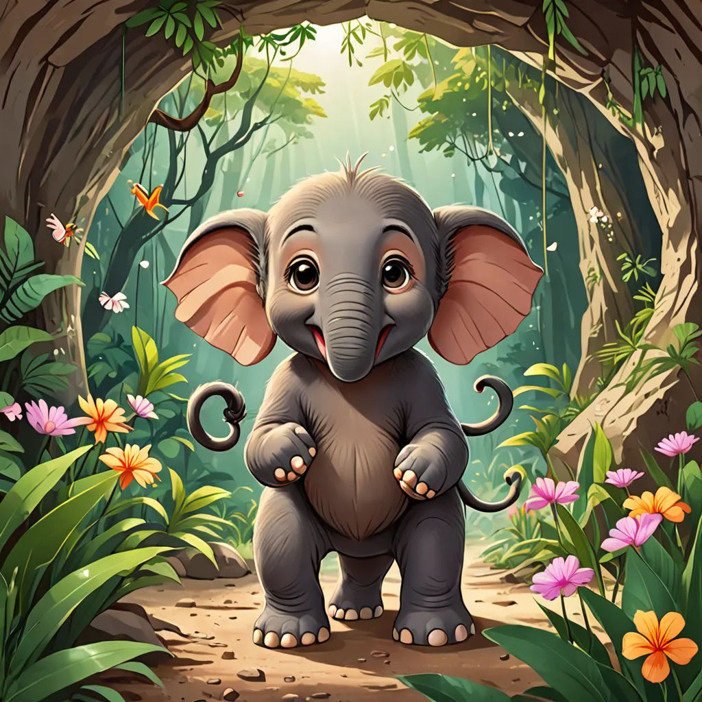 a baby elephant standing in a forest with flowers and butterflies around it's feet and a hole in the ground, fantasy art, a character portrait, Chris LaBrooy, cute and funny