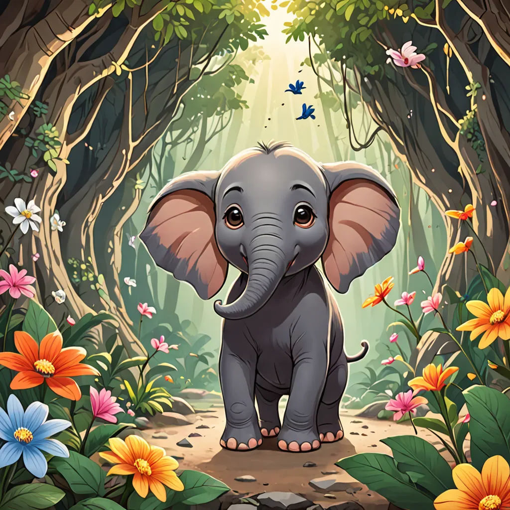 a small elephant standing in a forest with flowers and butterflies around it's feet and a light shining on the elephant, fantasy art, a storybook illustration, Chris LaBrooy, storybook illustration