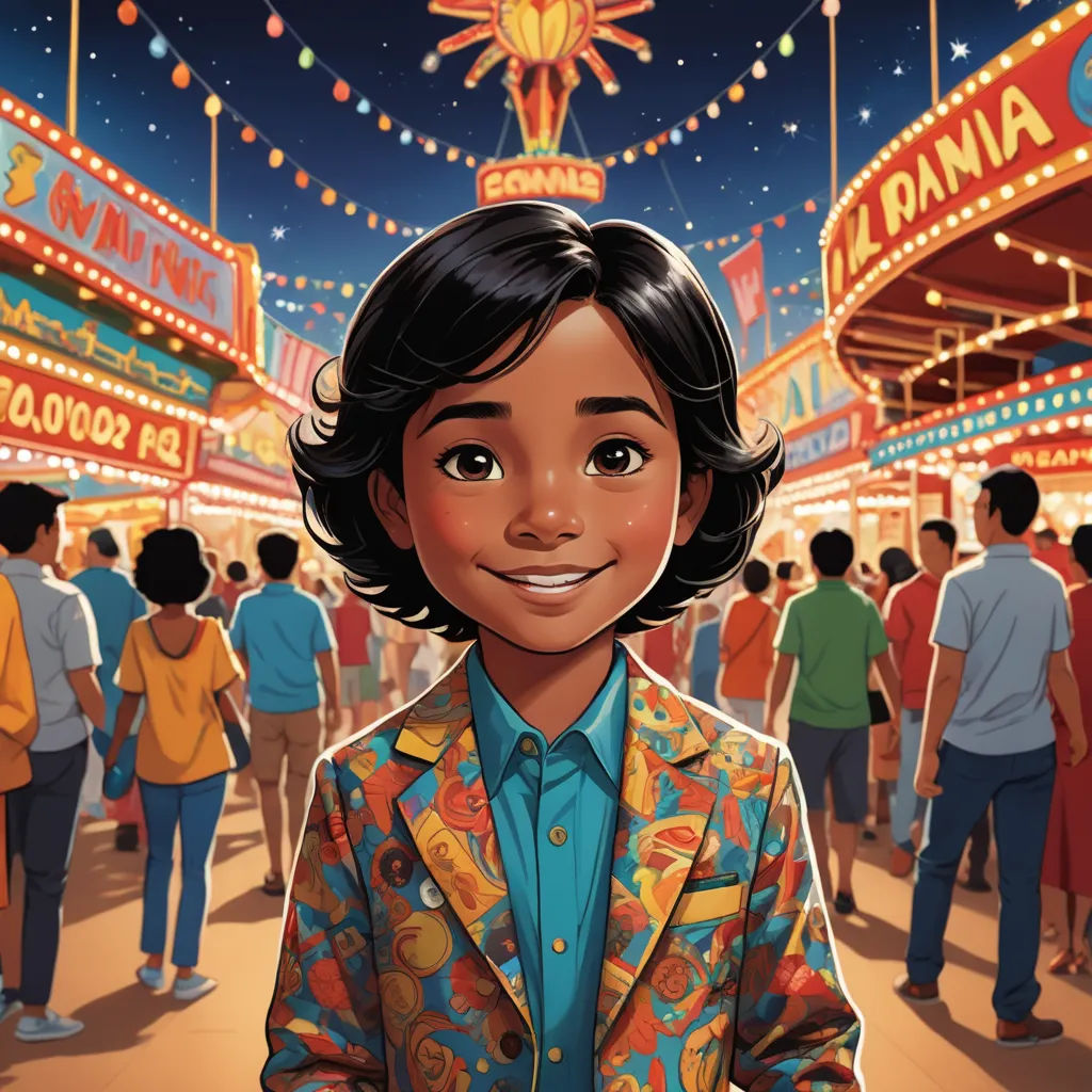 a cartoon of a boy in a carnival with a crowd of people in the background and a carnival sign in the background, samikshavad, a storybook illustration, Basuki Abdullah, promotional image