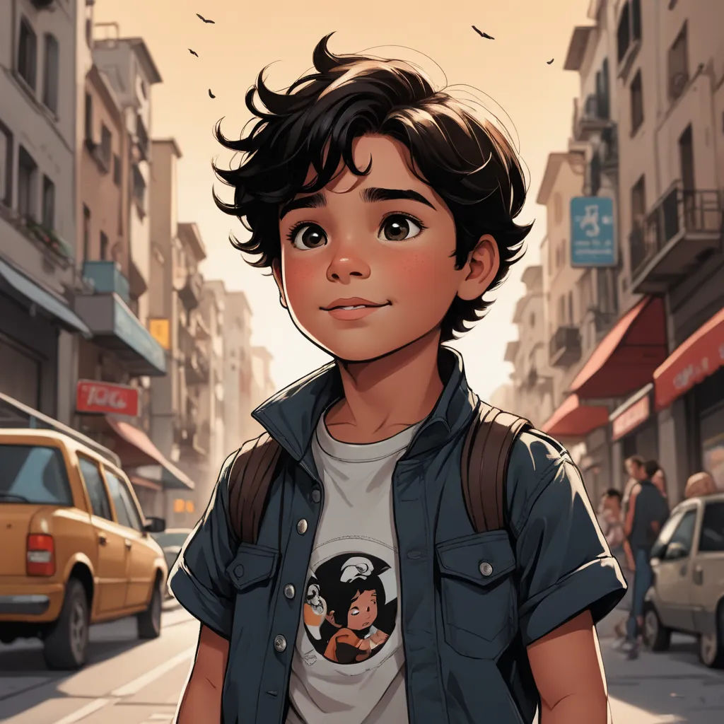a boy with a backpack on a city street with a car in the background and a bird flying overhead, photorealism, a comic book panel, Eddie Mendoza, rossdraws global illumination