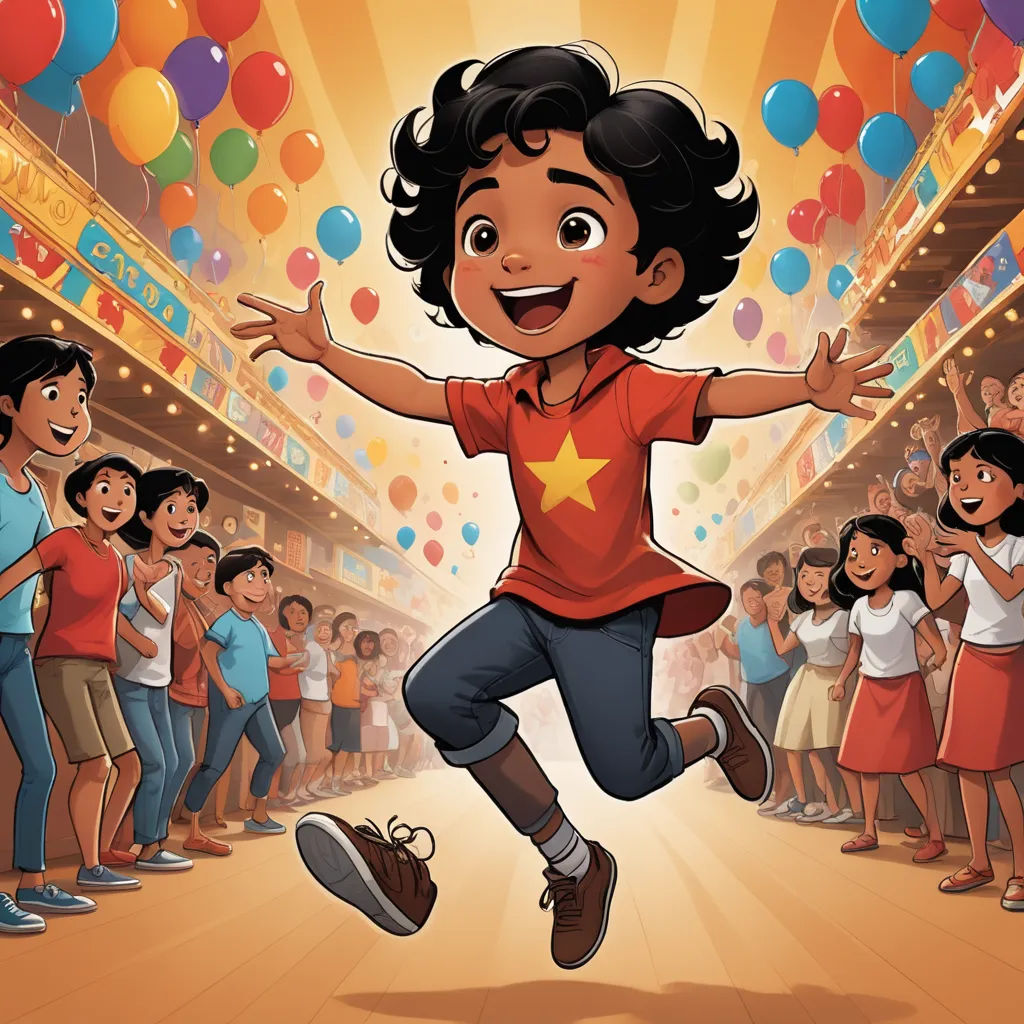 a boy is jumping in front of a crowd of people in a mall with balloons and a star on his shirt, lyco art, a storybook illustration, Eddie Mendoza, promotional image