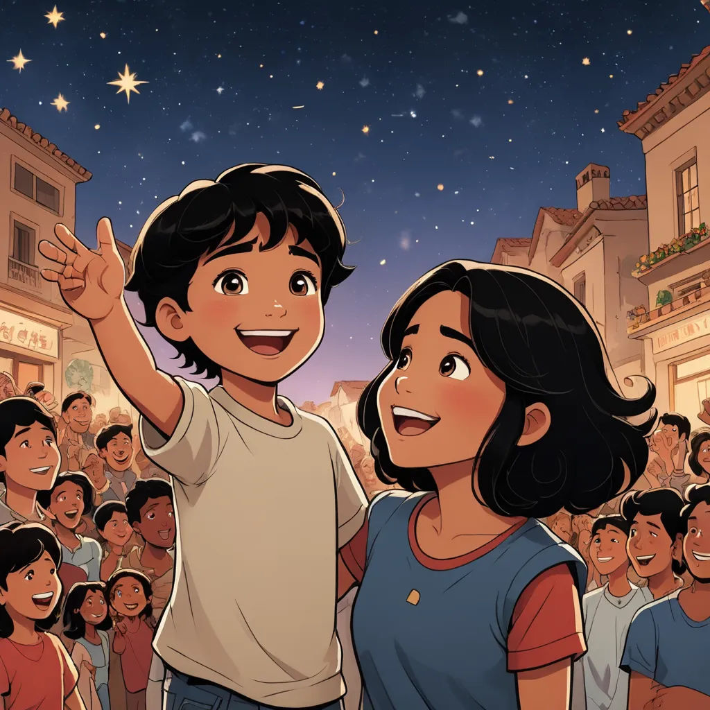 a boy and a girl are standing in front of a crowd of people in a city at night with stars, space art, a storybook illustration, Asaf Hanuka, comic cover art