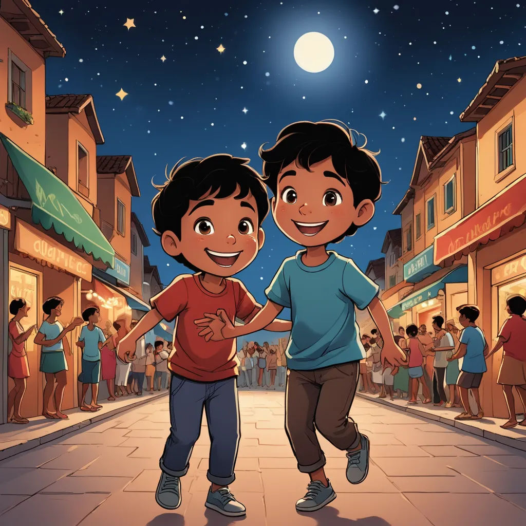 two children are dancing in the street at night with a full moon in the background and people standing on the sidewalk, samikshavad, a storybook illustration, Asaf Hanuka, official art