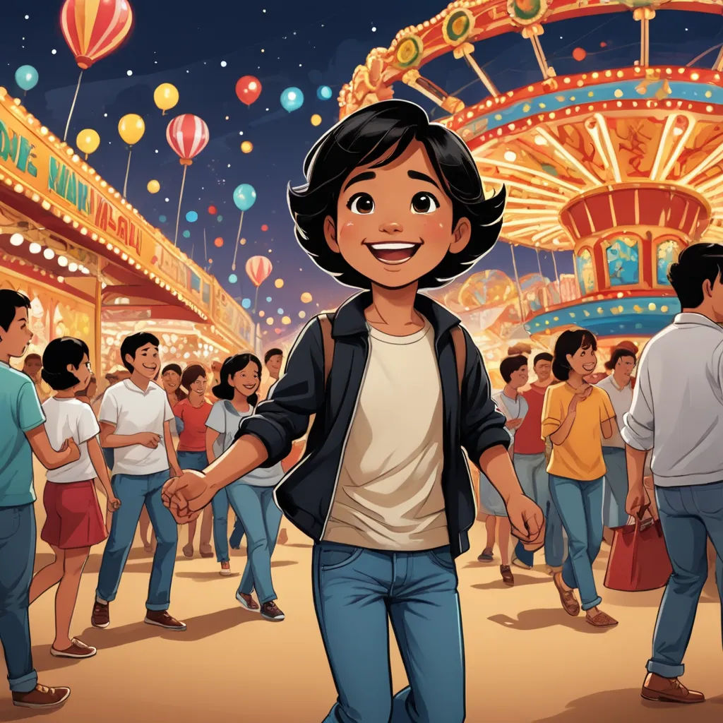 a cartoon of a man walking in front of a carnival ride at night with balloons and lights on the carnival rides, lyco art, a storybook illustration, Arthur Pan, storybook illustration