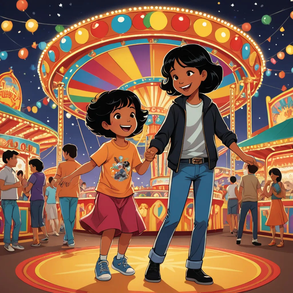 a couple of kids holding hands in front of a carnival ride at night time with people watching them on the carousel, american scene painting, a storybook illustration, Ella Guru, promotional image