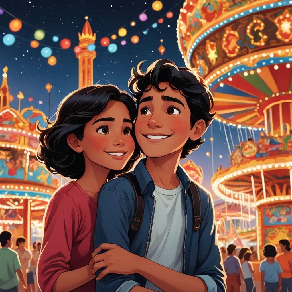 a couple hugging in front of a carnival ride at night with lights and carousels in the background and a carousel carousel, magical realism, a storybook illustration, David Park, comic cover art