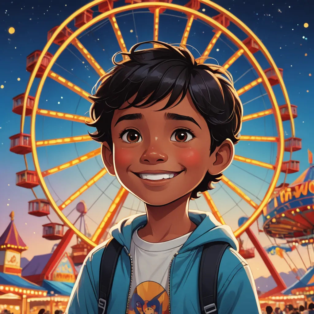 a cartoon boy with a ferris wheel in the background and a carnival park in the background with a ferris wheel, photorealism, poster art, Everett Warner, comic cover art
