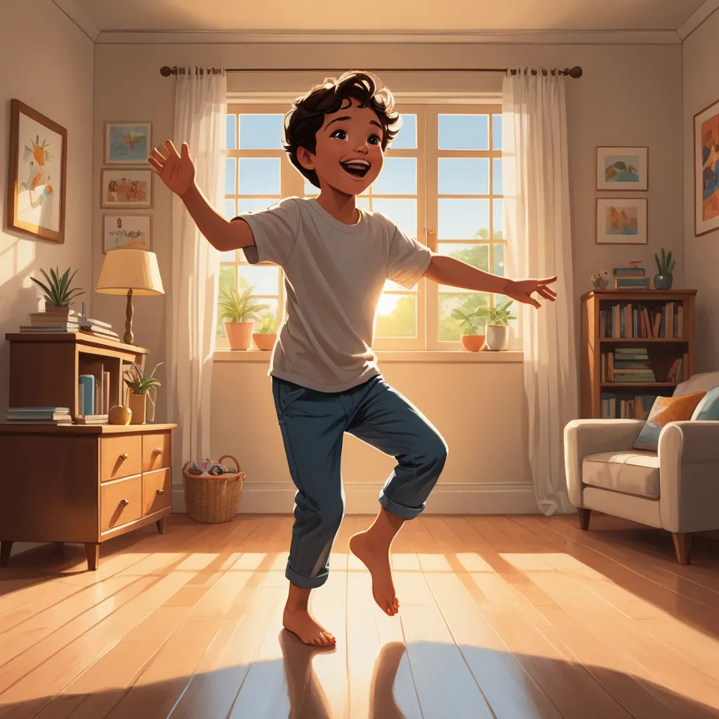 a boy is jumping in the air in a living room with a window and a couch in the background, american scene painting, a storybook illustration, Chris LaBrooy, rossdraws global illumination