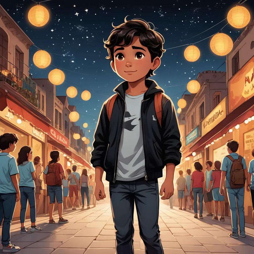a boy standing in a crowded street at night with lanterns overhead and people walking around him on the sidewalk, magical realism, a storybook illustration, Asaf Hanuka, rossdraws global illumination